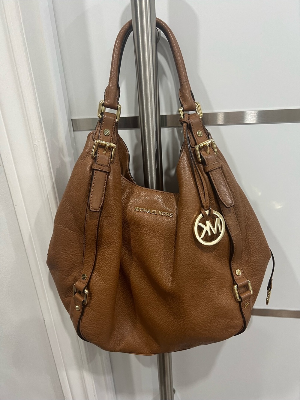 Michael Kors Cognac Pebbled Leather Shoulder Bag with Gold Accents